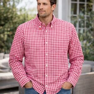 BONOBOS Mens Cotton XL Red White Gingham Check Button Down Long Sleeve Shirt